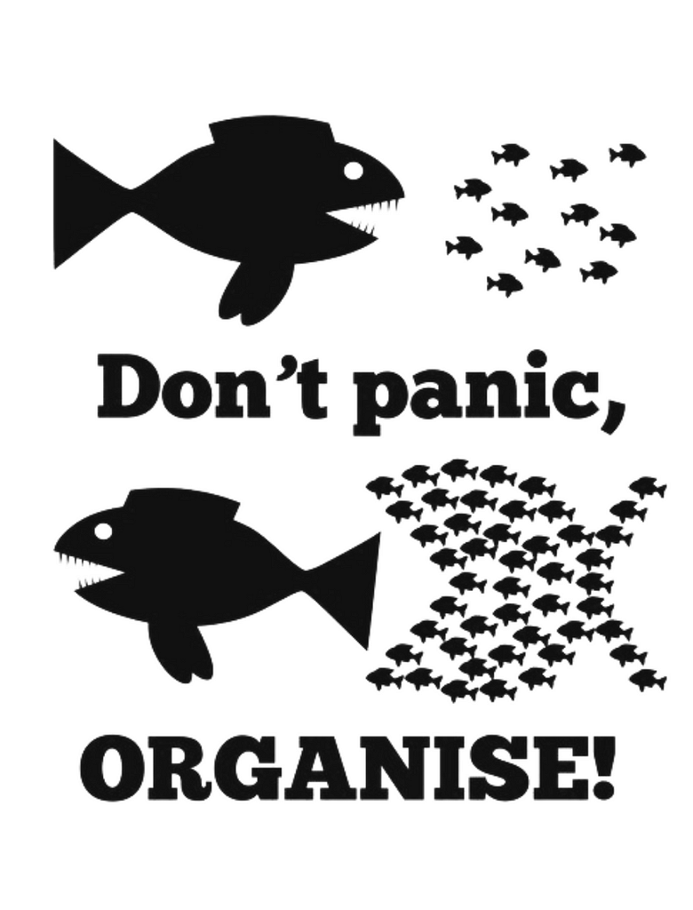 A big fish chasing lots of small individual fish, but then the small fish get organised and pretend to be a huge fish to chase the big fish away.